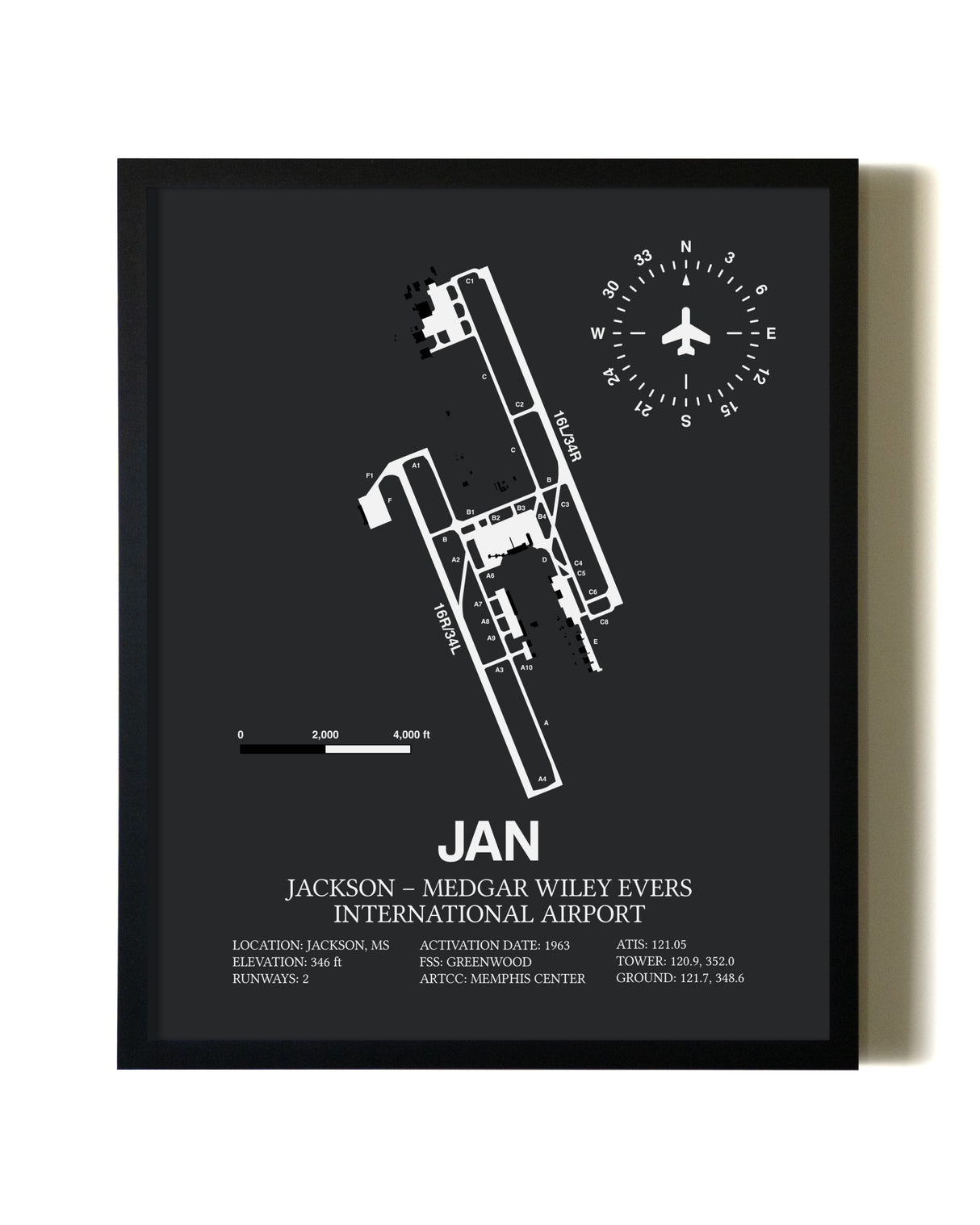 Unframed Jackson-Medgar Wiley Evers International Airport map print poster
