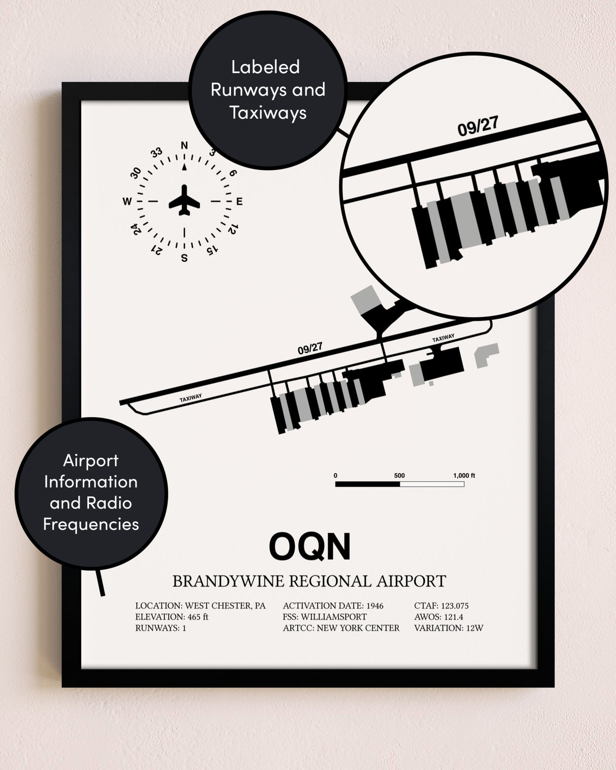Framed Brandywine Regional Airport layout wall art poster