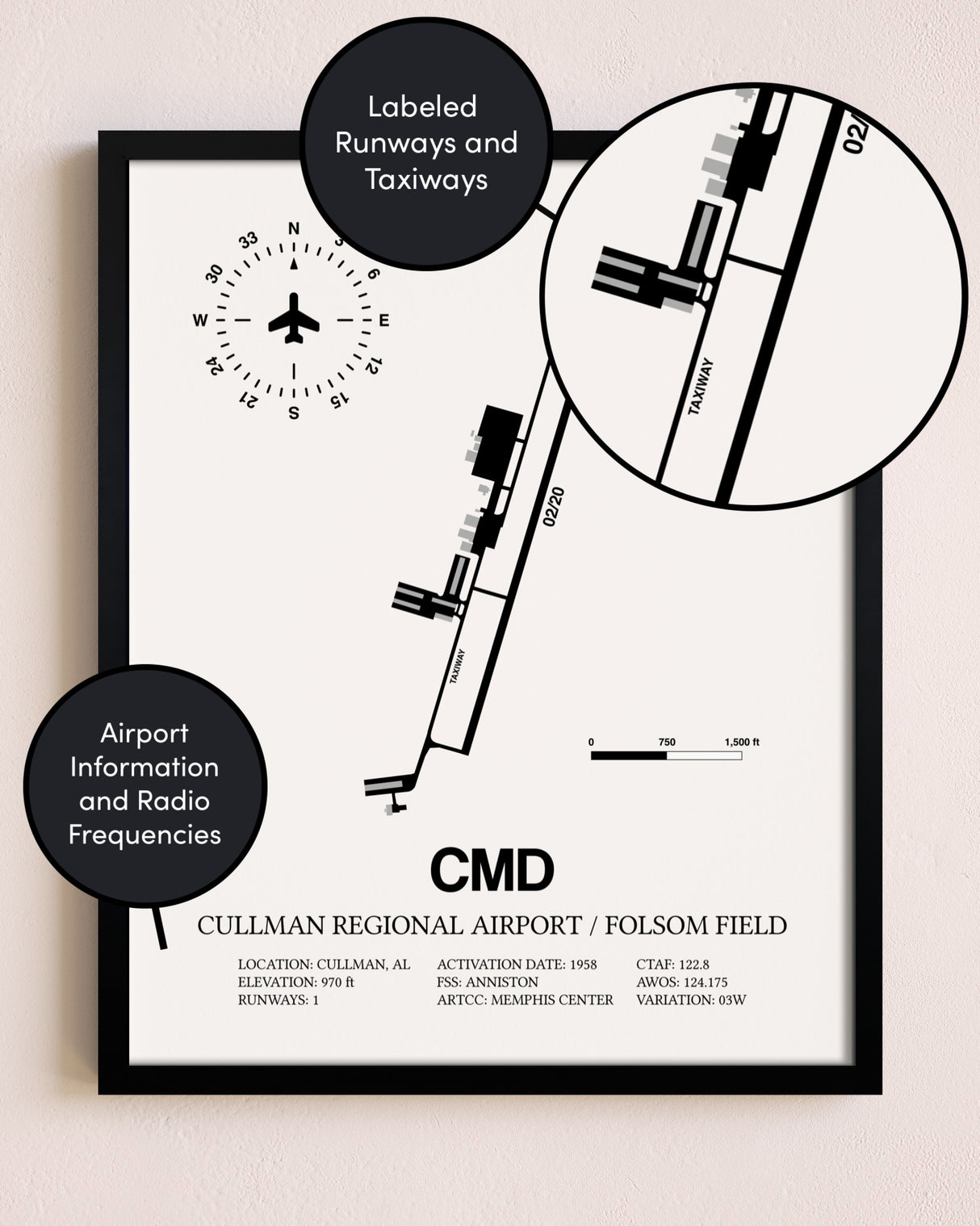 Framed Cullman Regional Airport / Folsom Field layout wall art poster