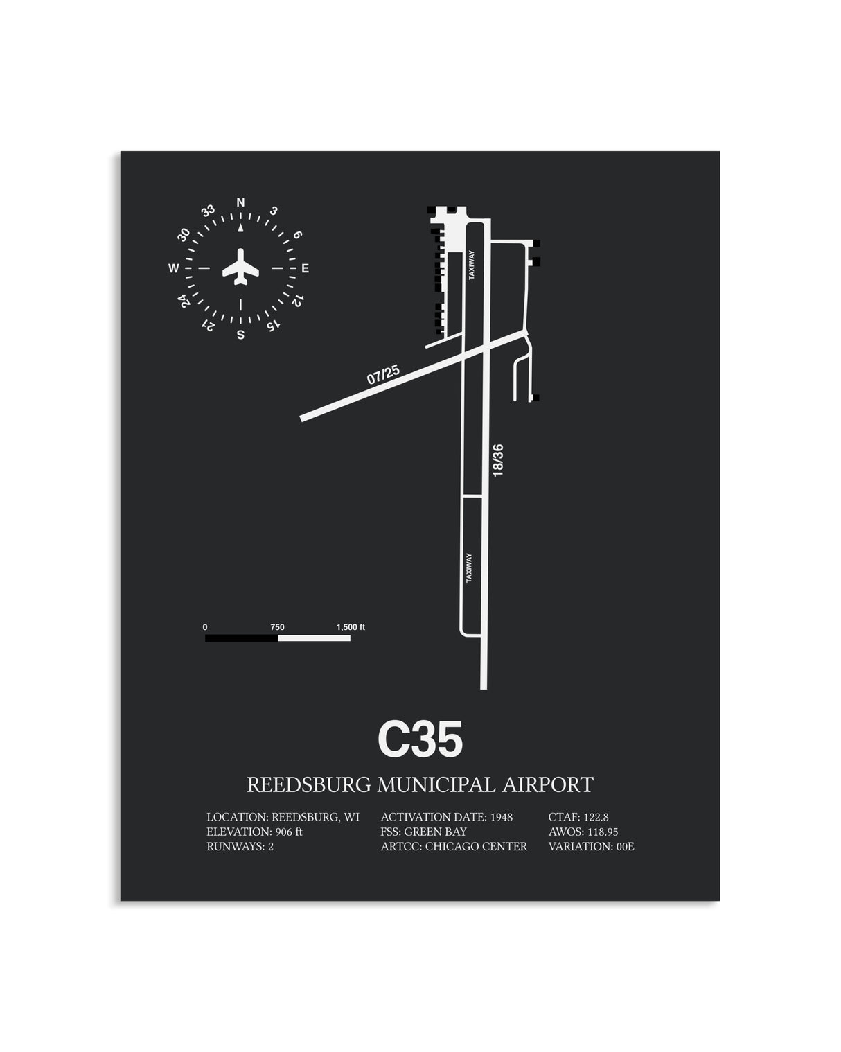Gray Framed Reedsburg Municipal Airport layout wall art poster