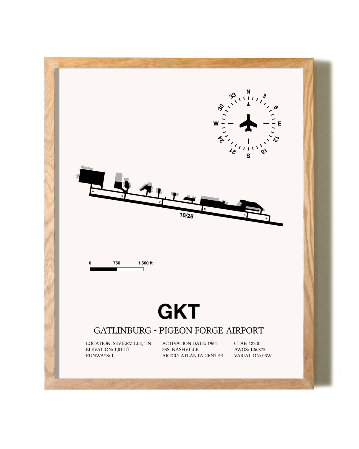 Gatlinburg-Pigeon Forge Airport framed print in natural wood frame