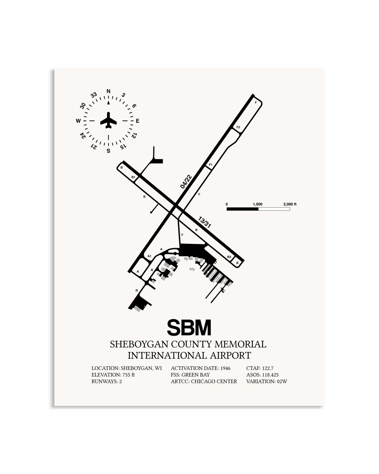 Gray Sheboygan County Memorial International Airport framed poster displayed in an airplane hangar