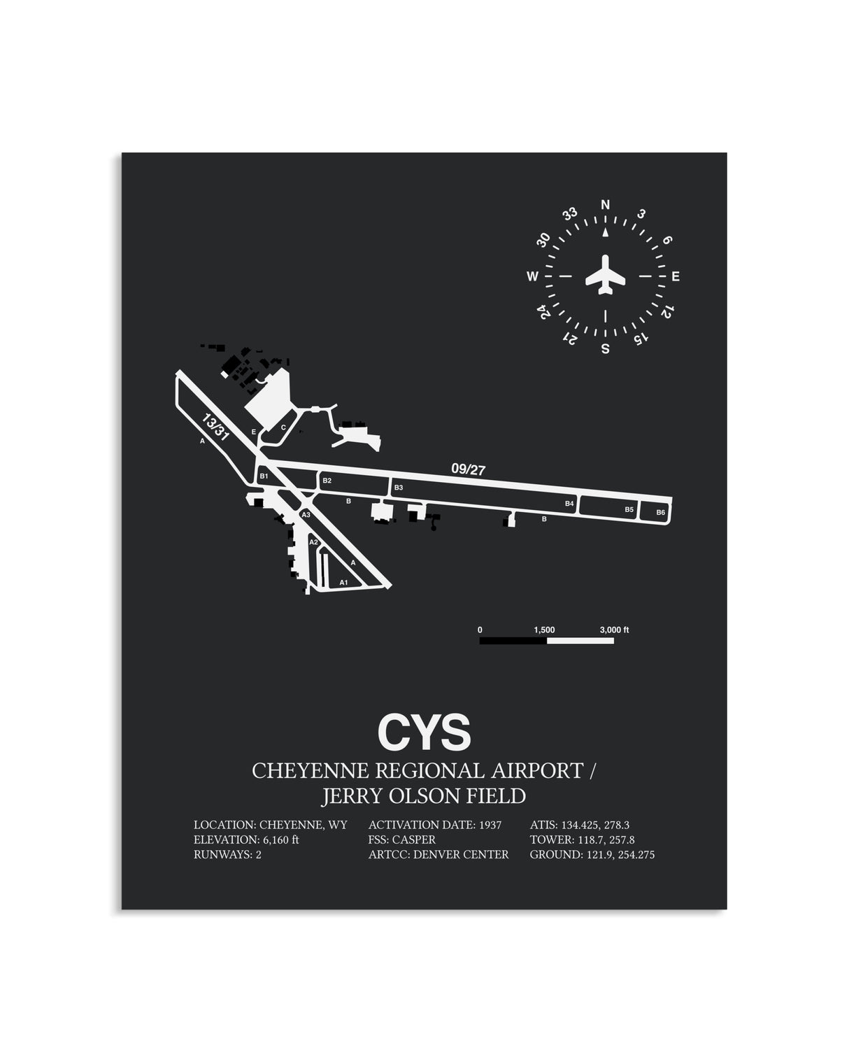 Gray Framed Cheyenne Regional Airport / Jerry Olson Field layout wall art poster