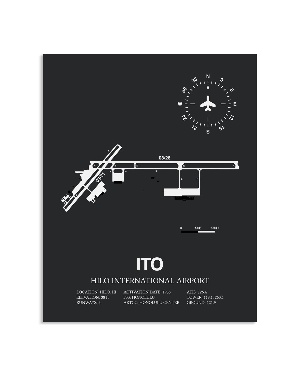 Gray Framed Hilo International Airport layout wall art poster