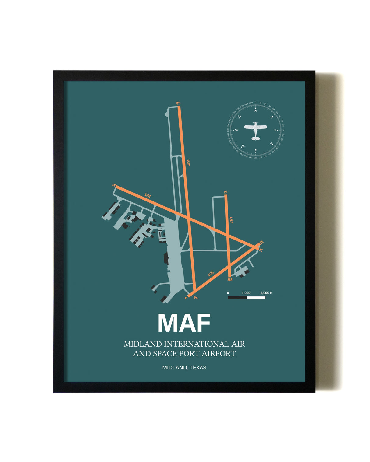 Green Midland International Air and Space Port Airport aviation wall décor in black wood frame