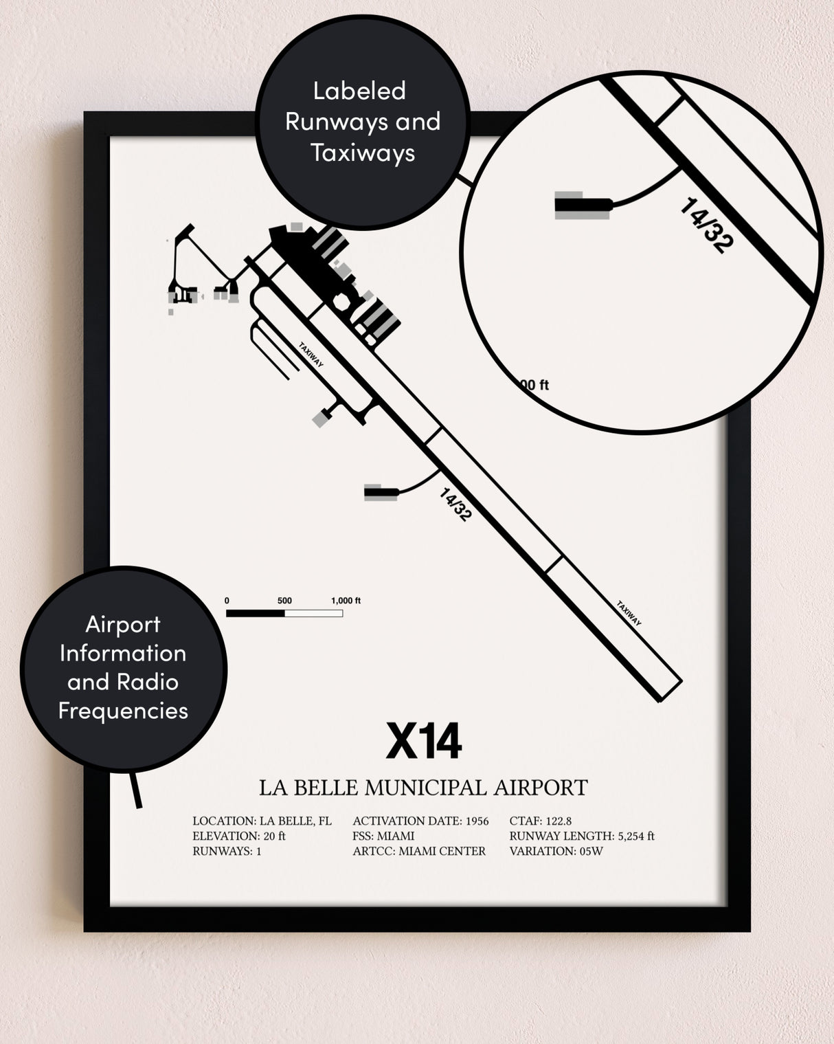 Framed La Belle Municipal Airport layout wall art poster