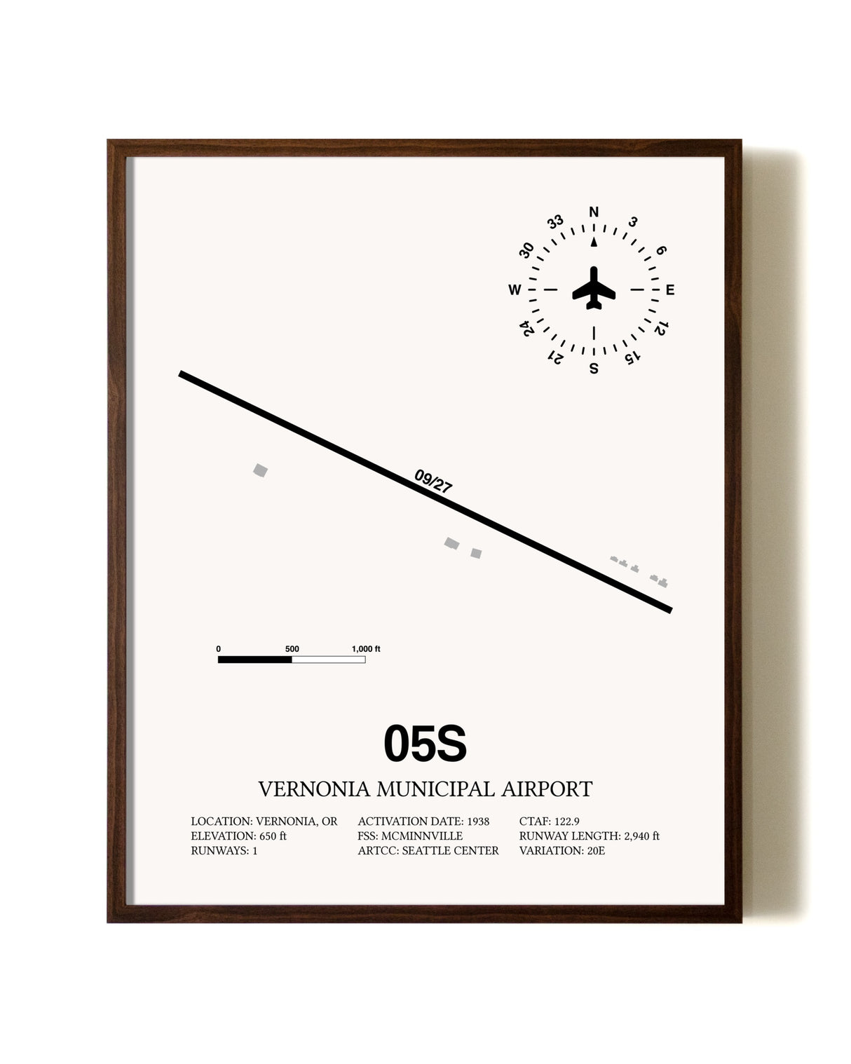 Vernonia Municipal Airport aviation print in walnut frame
