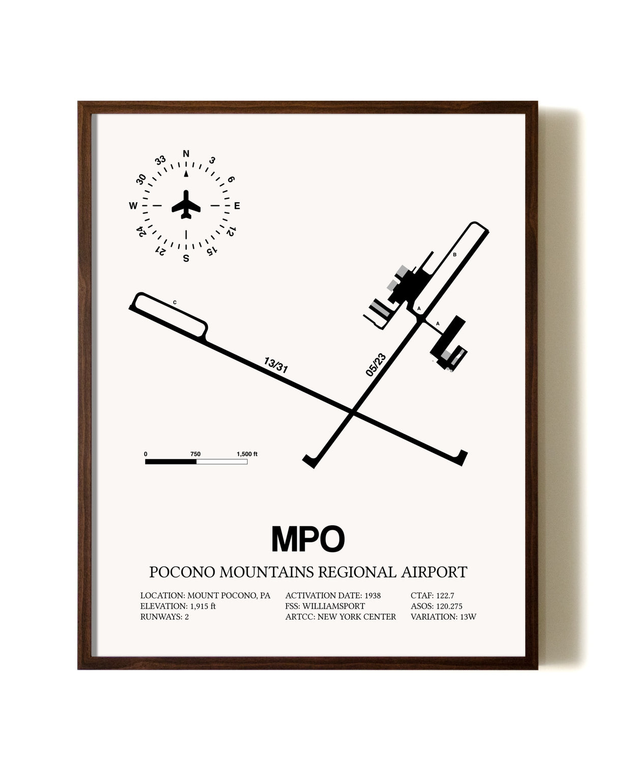Pocono Mountains Regional Airport aviation print in walnut frame