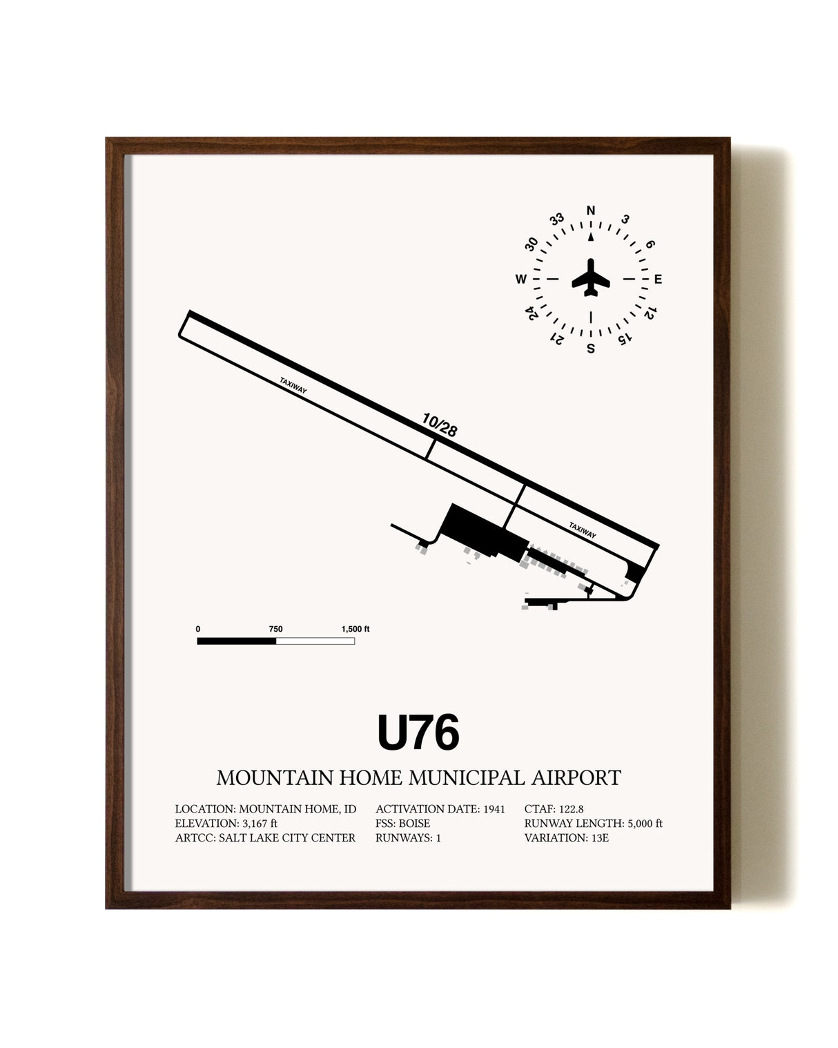 Mountain Home Municipal Airport aviation print in walnut frame