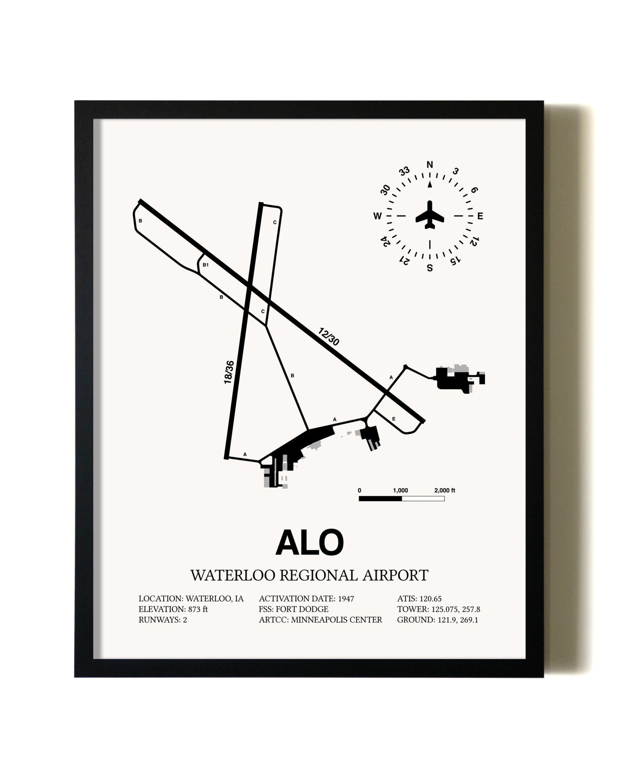 Framed Waterloo Regional Airport wall art poster in black frame