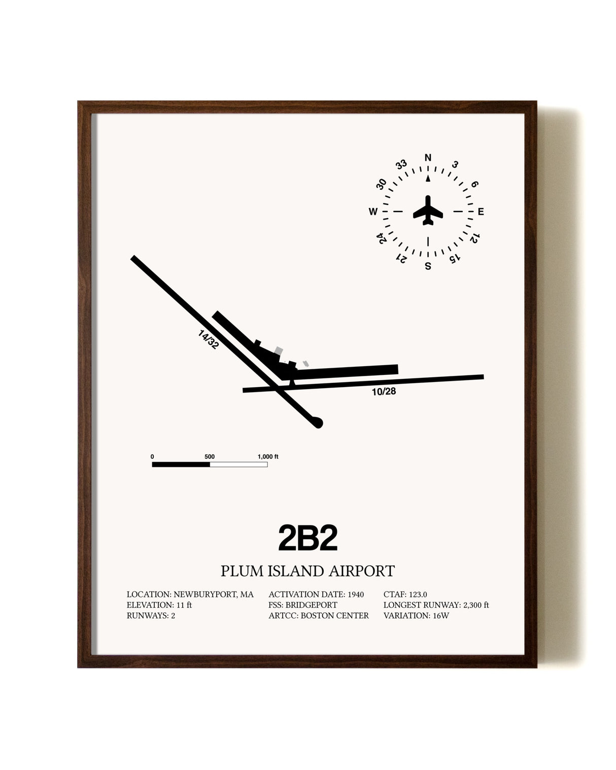 Plum Island Airport aviation print in walnut frame