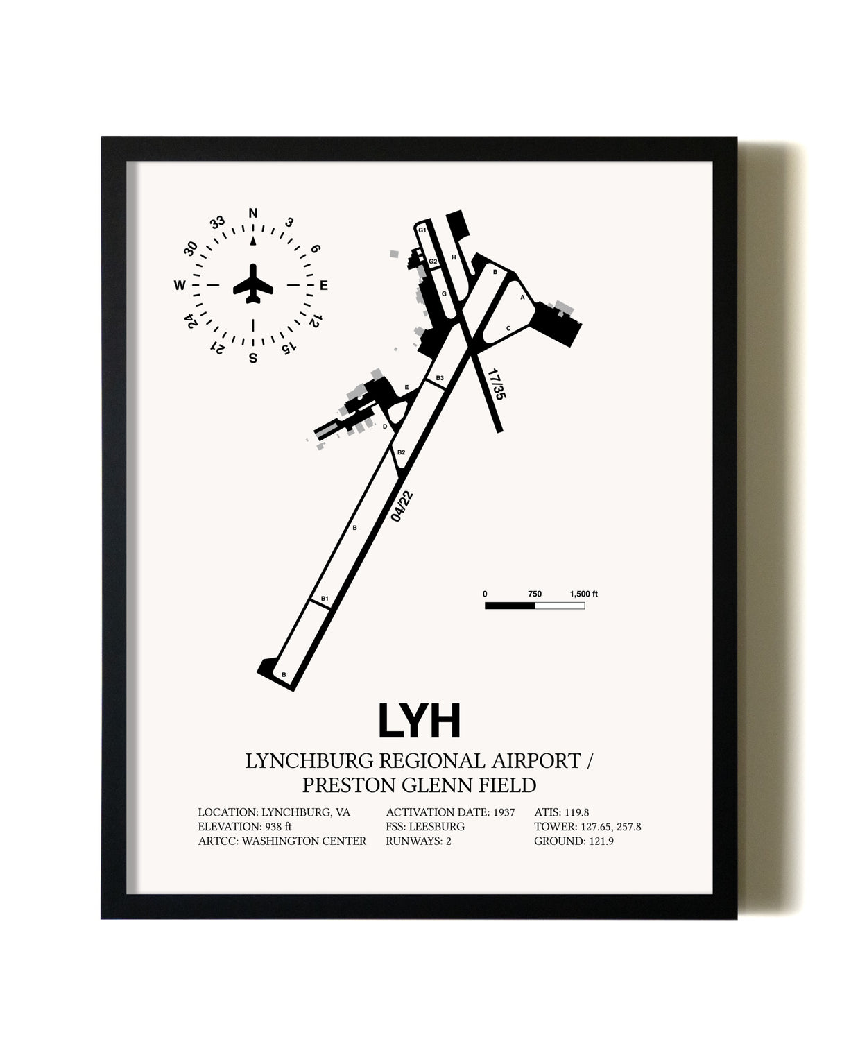 Framed Lynchburg Regional Airport / Preston Glenn Field wall art poster in black frame
