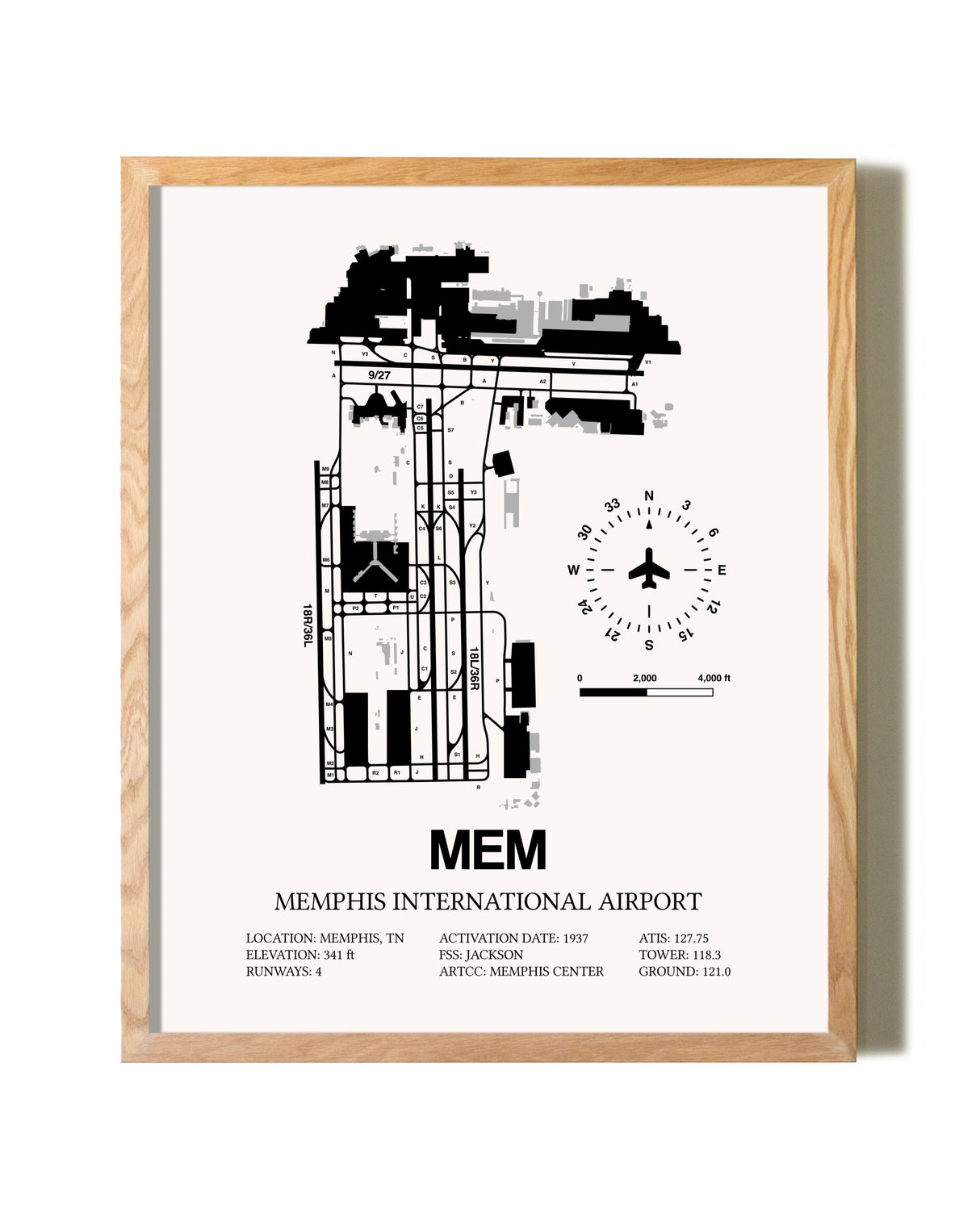 Memphis International Airport framed print in natural wood frame