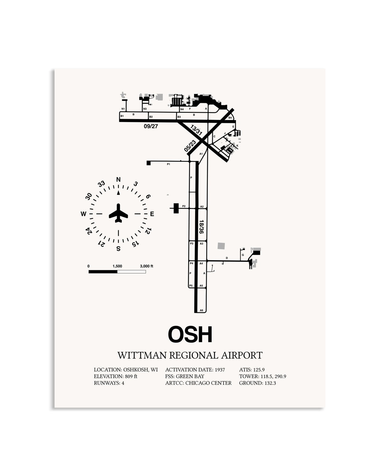 Gray Wittman Regional Airport framed poster displayed in an airplane hangar