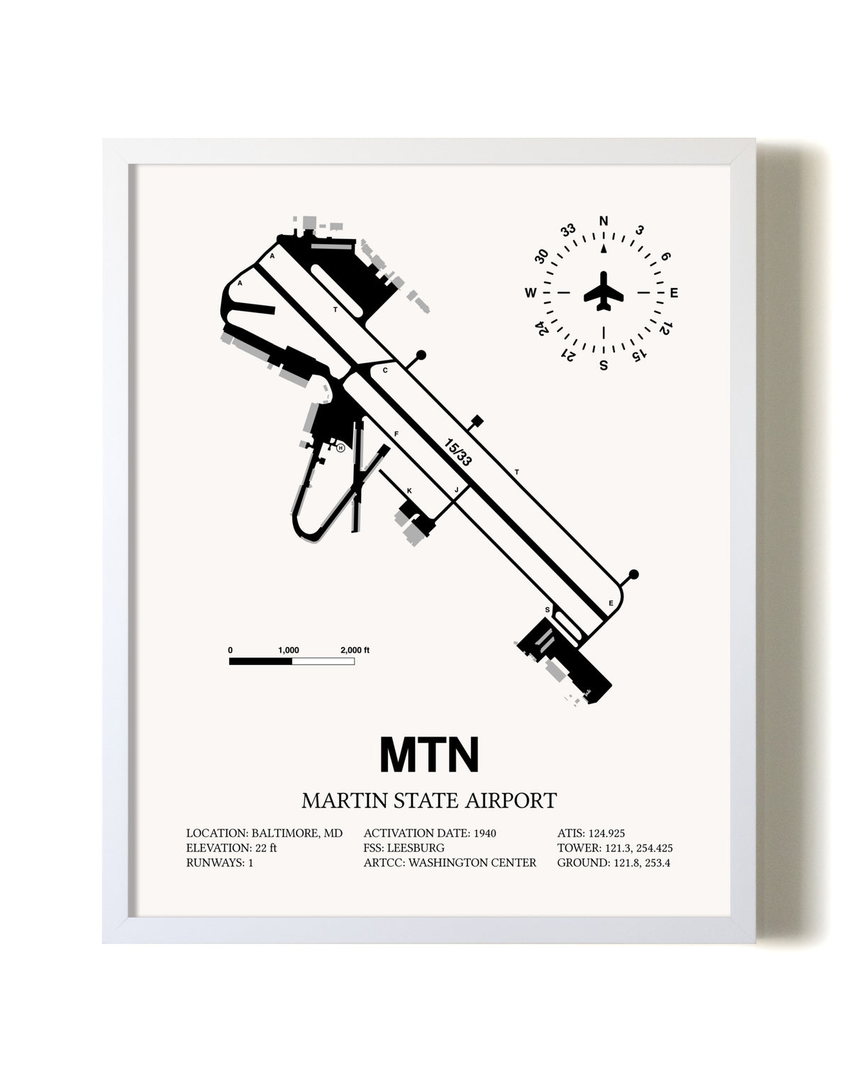 Martin State Airport airport map poster in oak frame