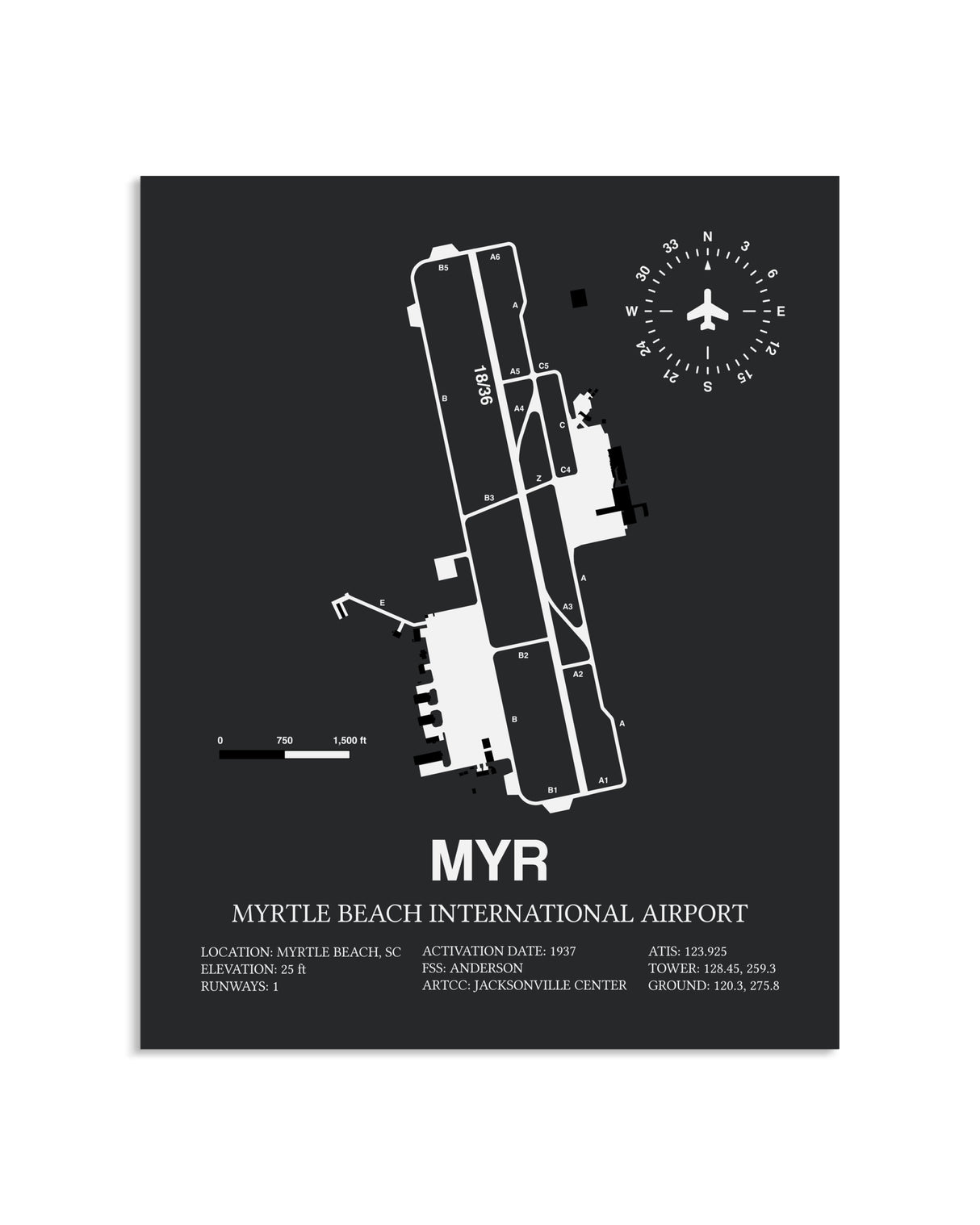 Gray Framed Myrtle Beach International Airport layout wall art poster