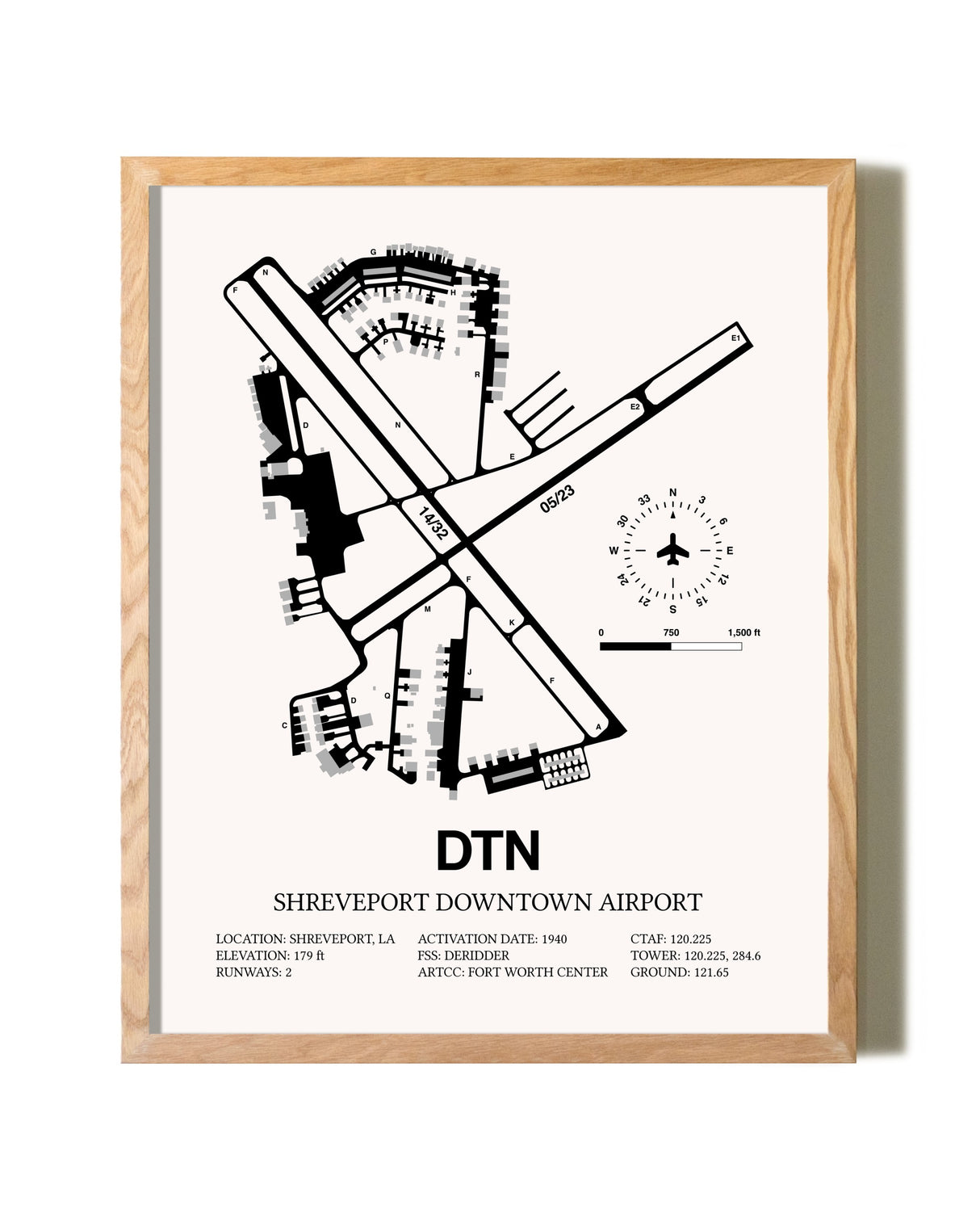 Shreveport Downtown Airport framed print in natural wood frame