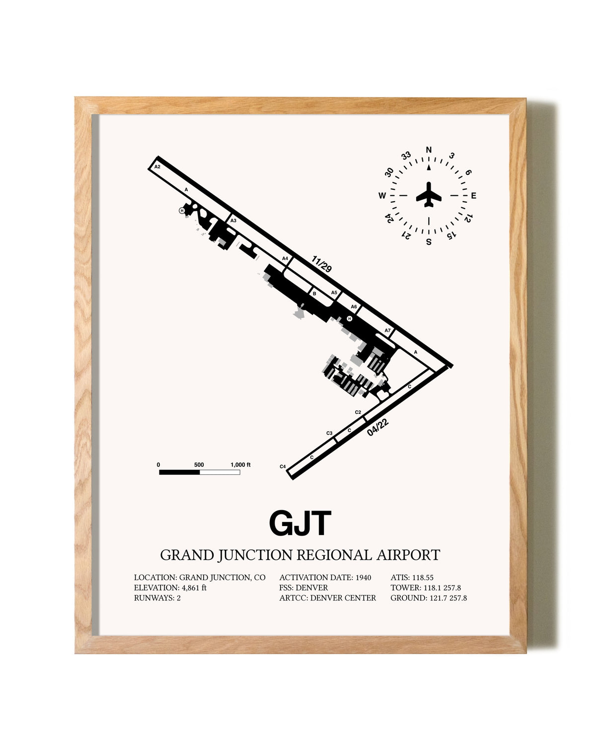 Grand Junction Regional Airport framed print in natural wood frame