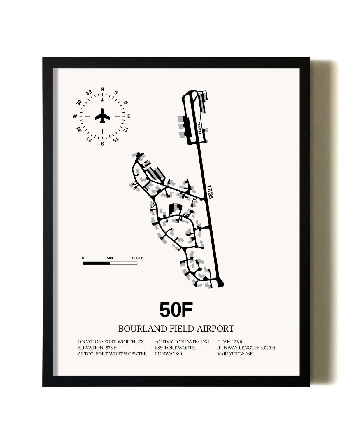 Framed Bourland Field Airport wall art poster in black frame