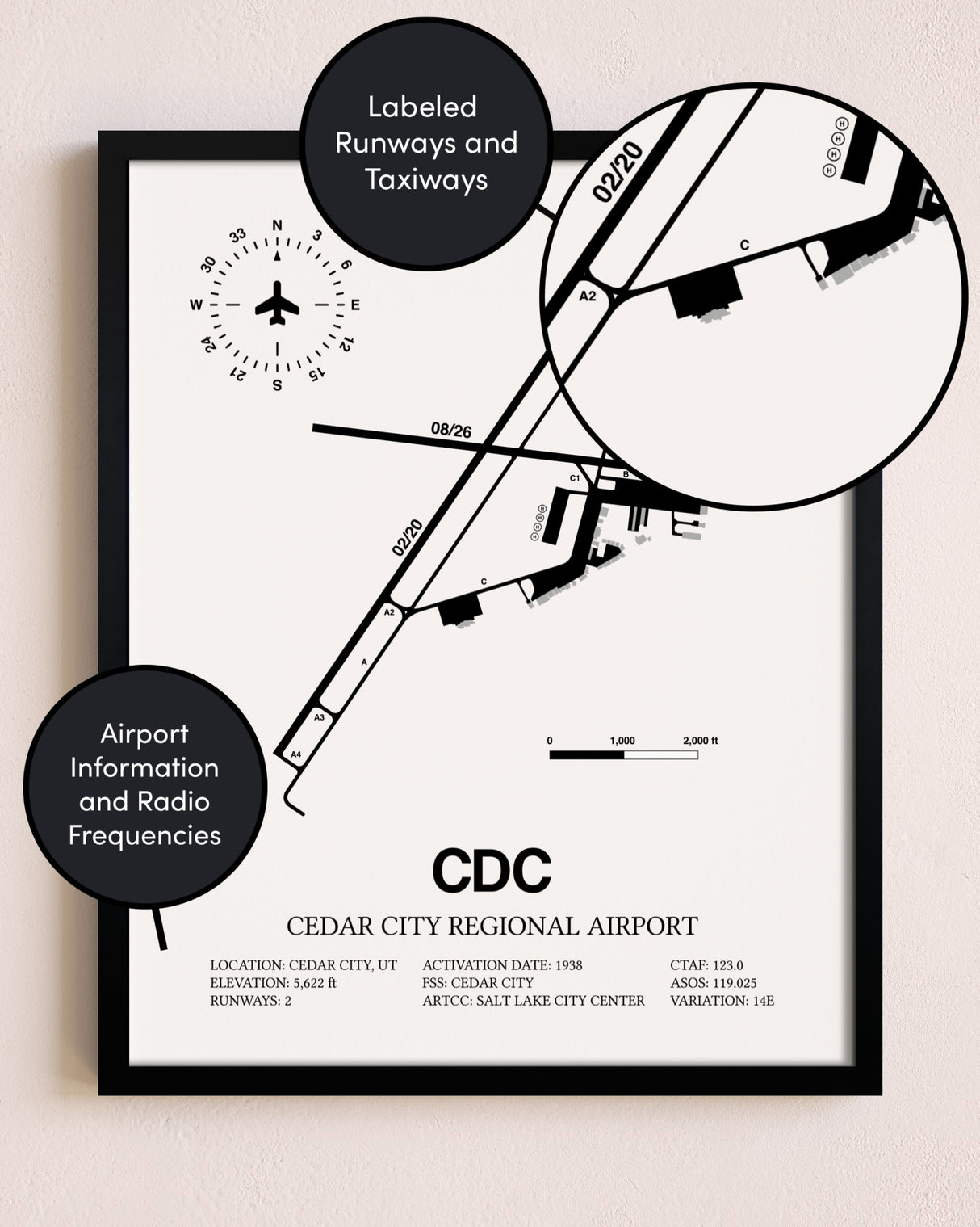 Framed Cedar City Regional Airport layout wall art poster