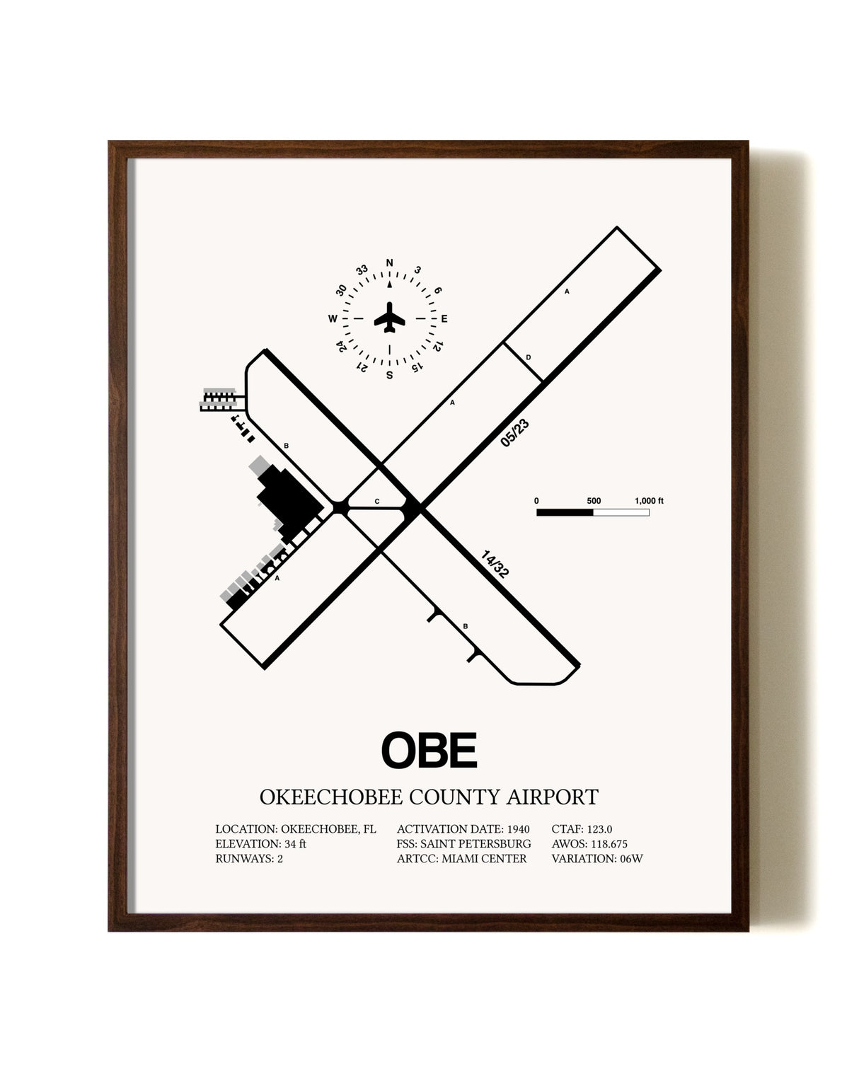 Okeechobee County Airport aviation print in walnut frame