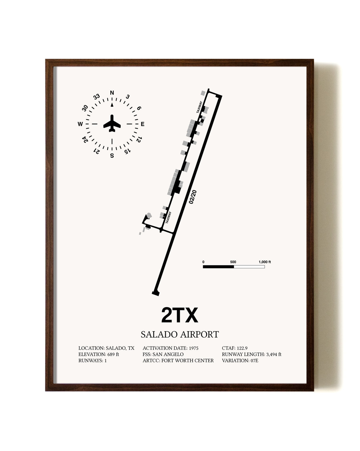Salado Airport aviation print in walnut frame