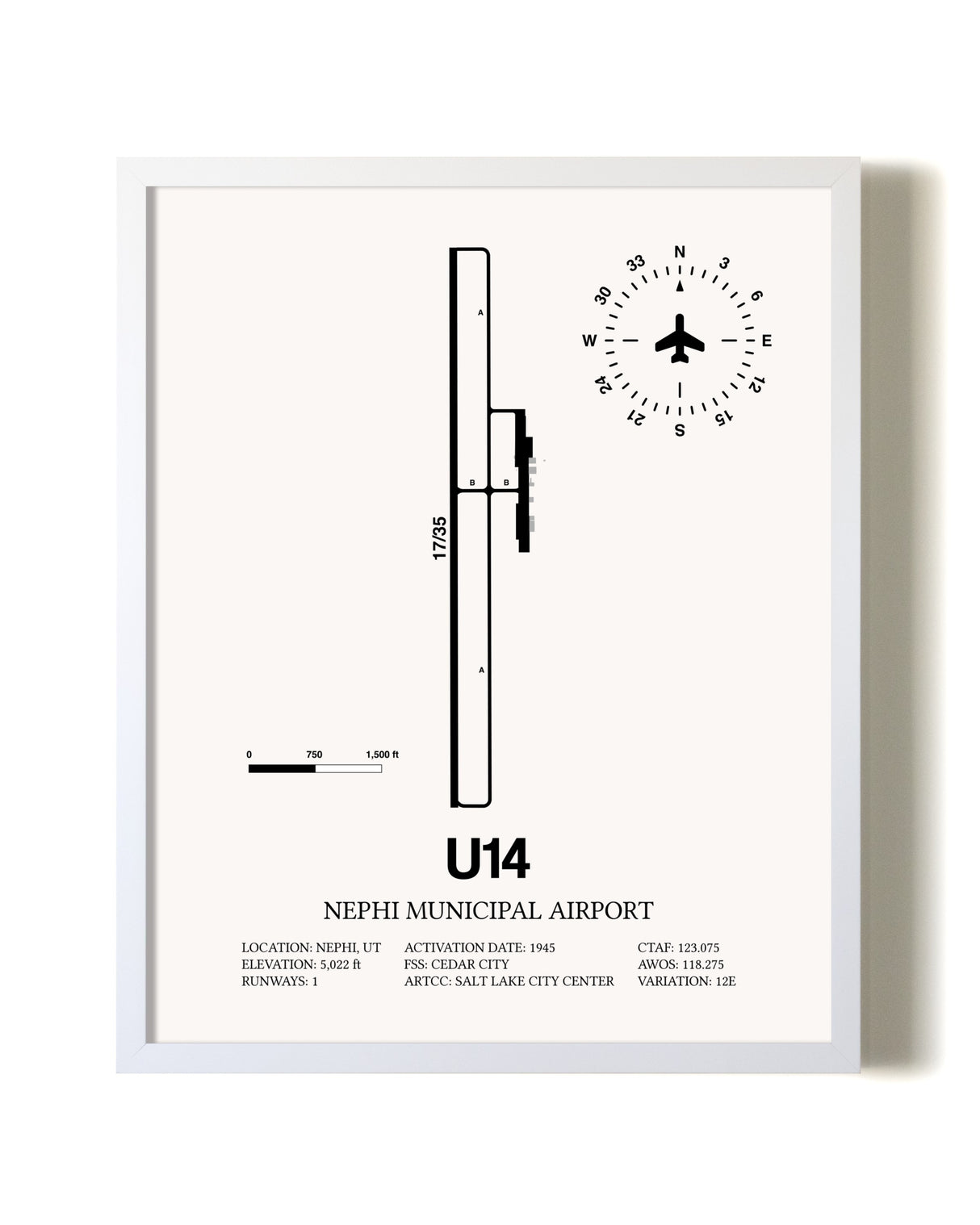 Nephi Municipal Airport airport map poster in oak frame