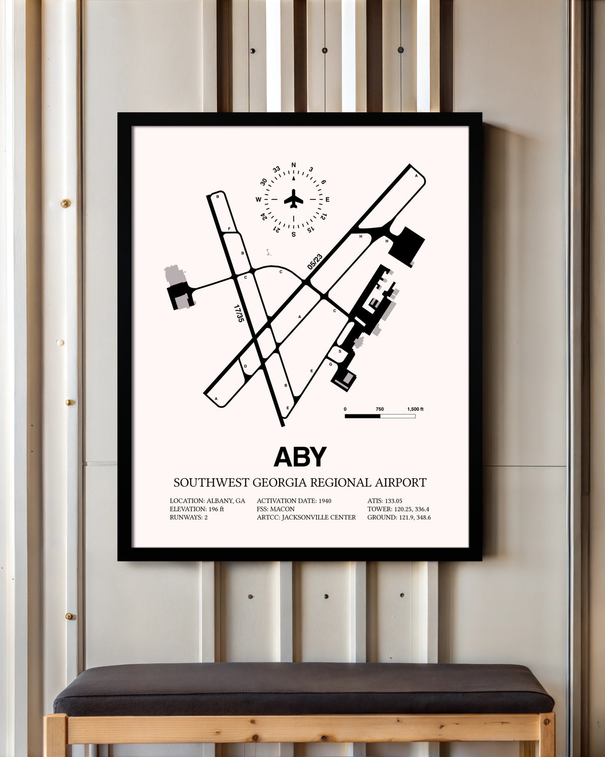 Southwest Georgia Regional Airport framed poster displayed in an airplane hangar
