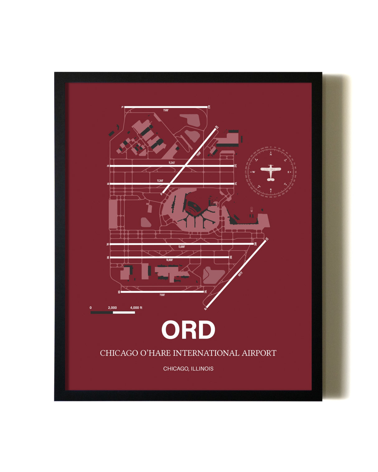 Red Framed Chicago O'Hare International Airport wall art poster in black frame