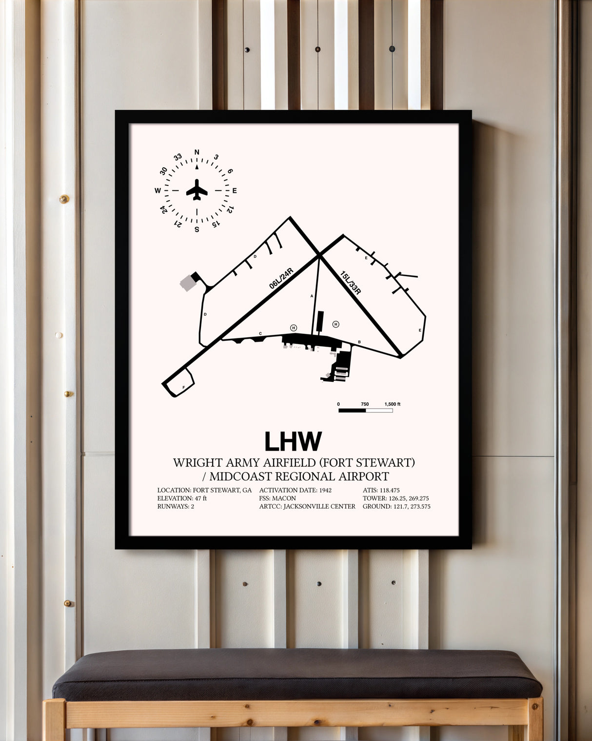 Wright Army Airfield (Fort Stewart) / Midcoast Regional Airport framed poster displayed in an airplane hangar
