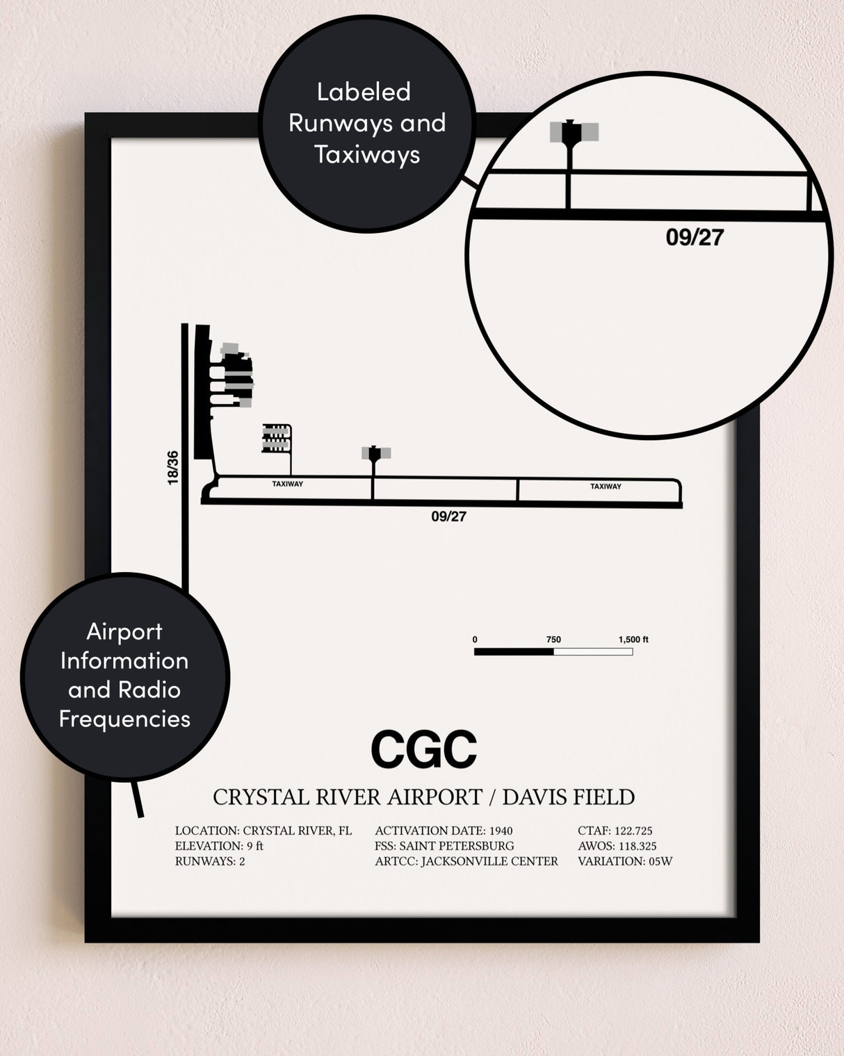 Framed Crystal River Airport / Davis Field layout wall art poster