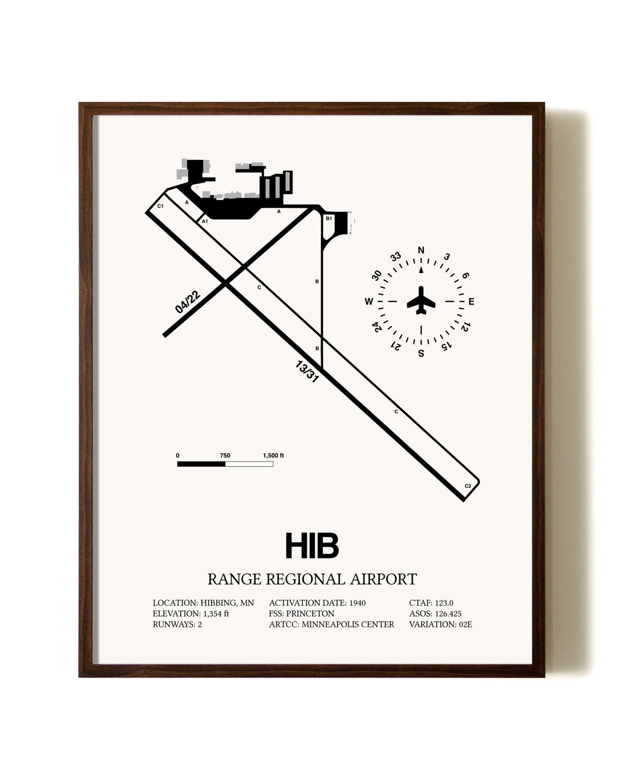 Range Regional Airport aviation print in walnut frame