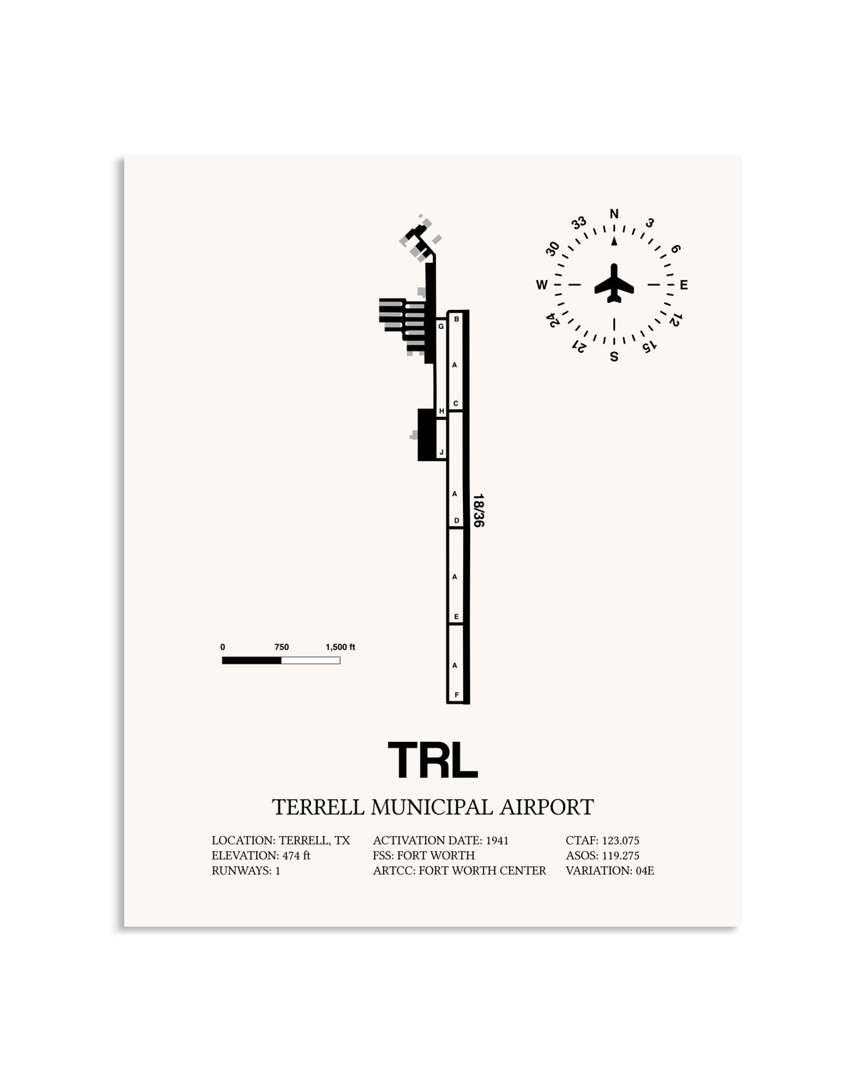 Gray Terrell Municipal Airport framed poster displayed in an airplane hangar