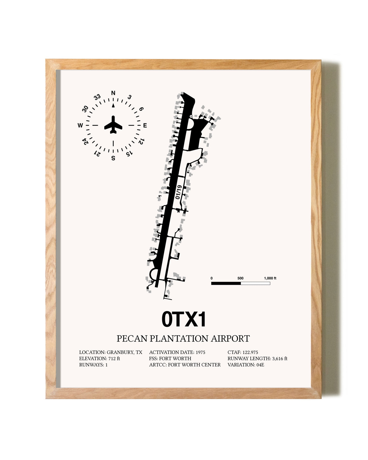 Pecan Plantation Airport framed print in natural wood frame