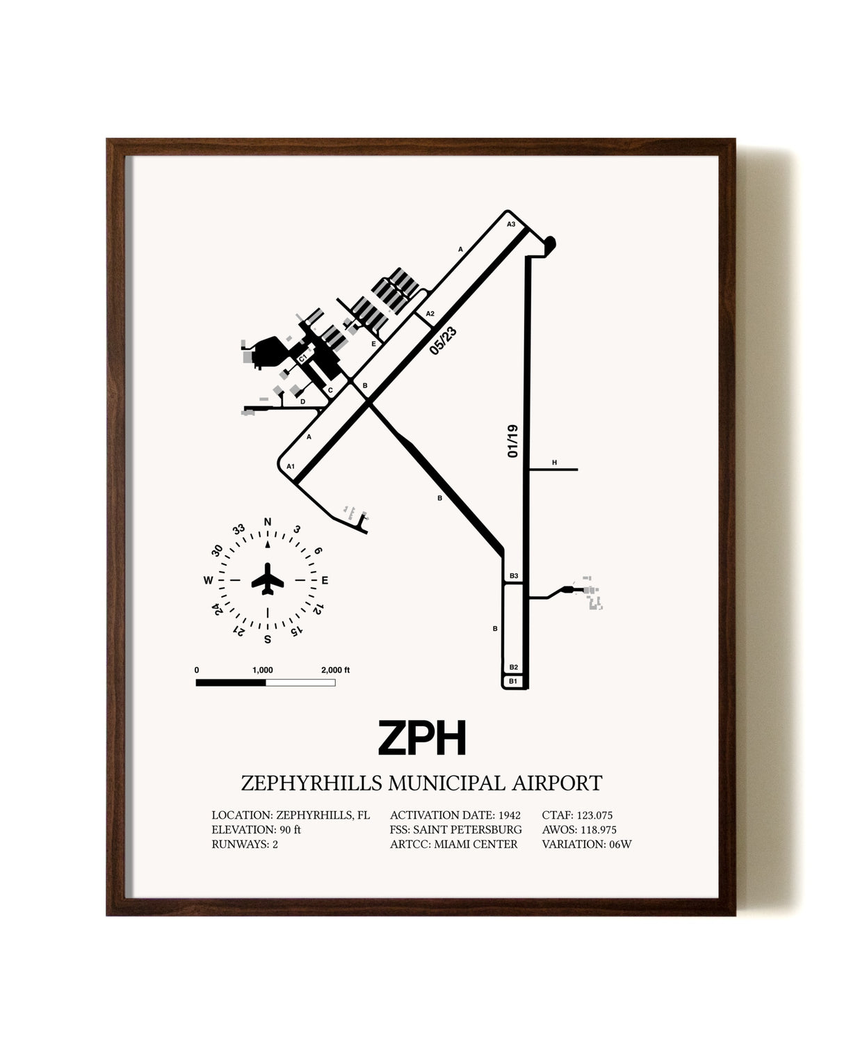 Zephyrhills Municipal Airport aviation print in walnut frame