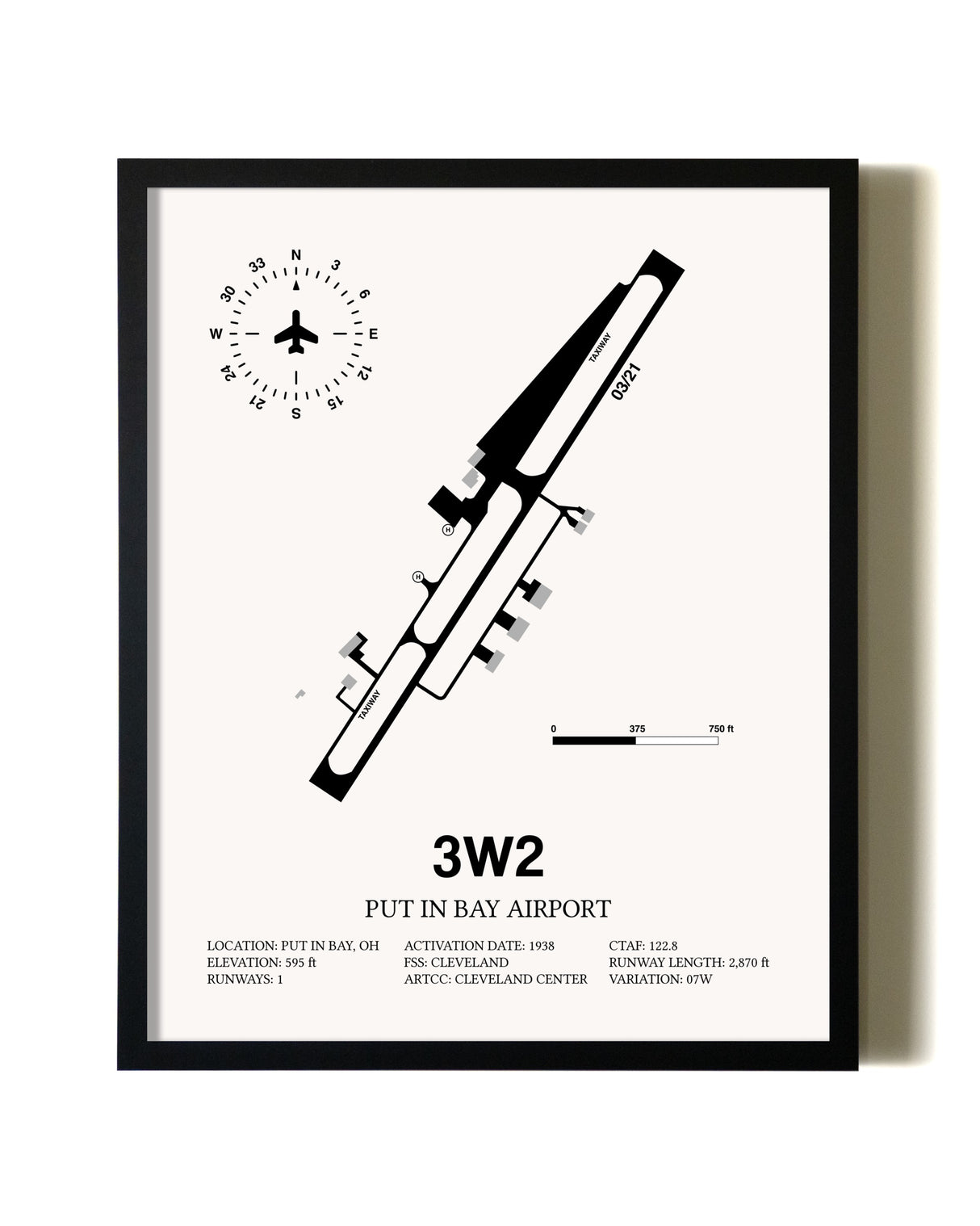 Framed Put in Bay Airport wall art poster in black frame