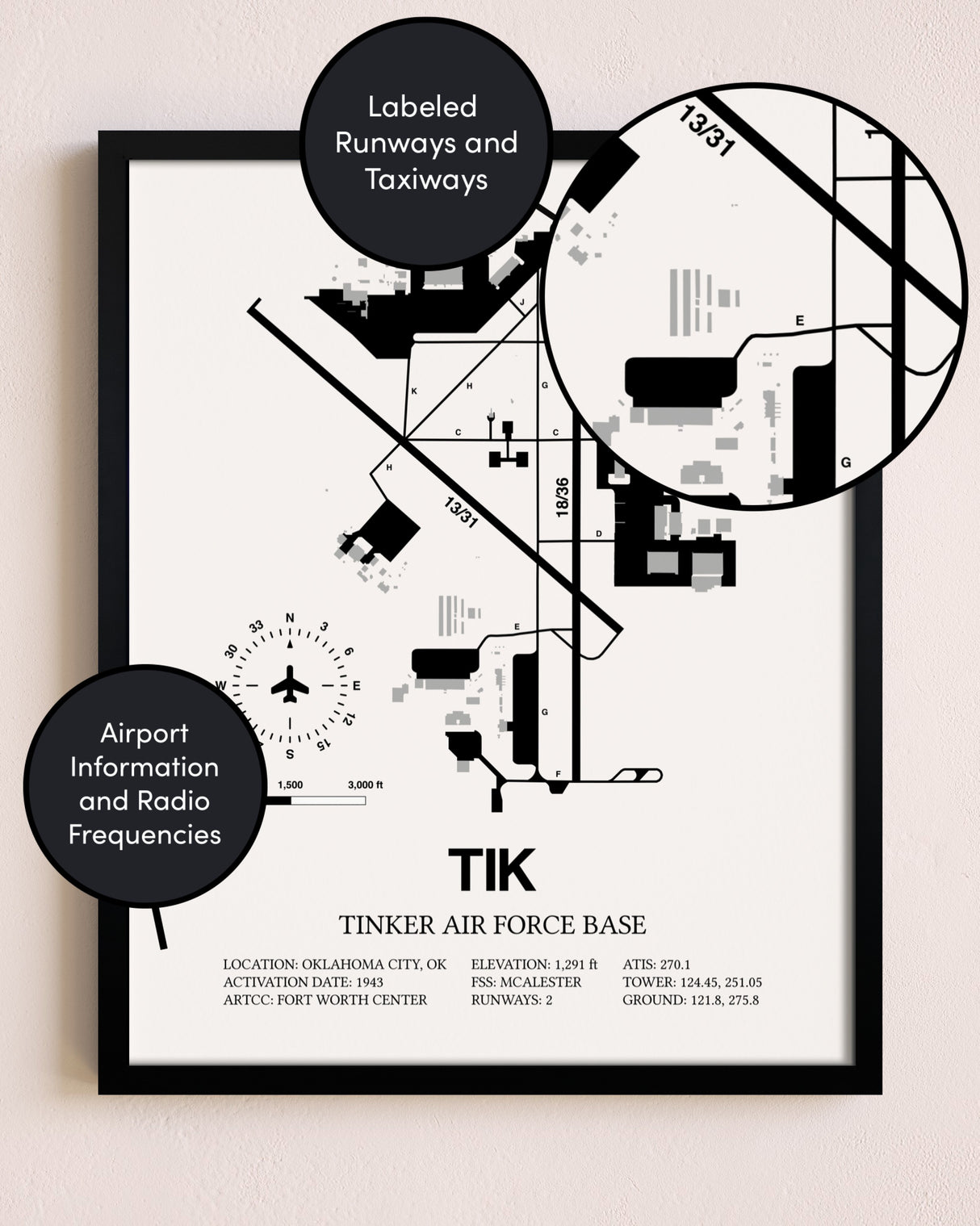 Framed Tinker Air Force Base layout wall art poster