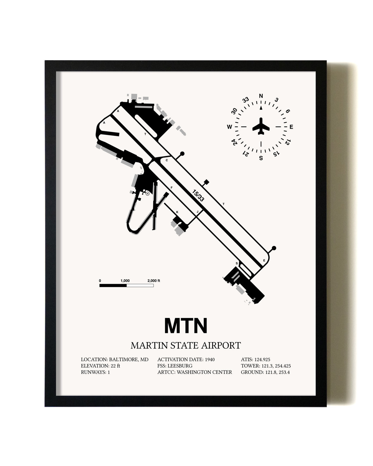 Framed Martin State Airport wall art poster in black frame