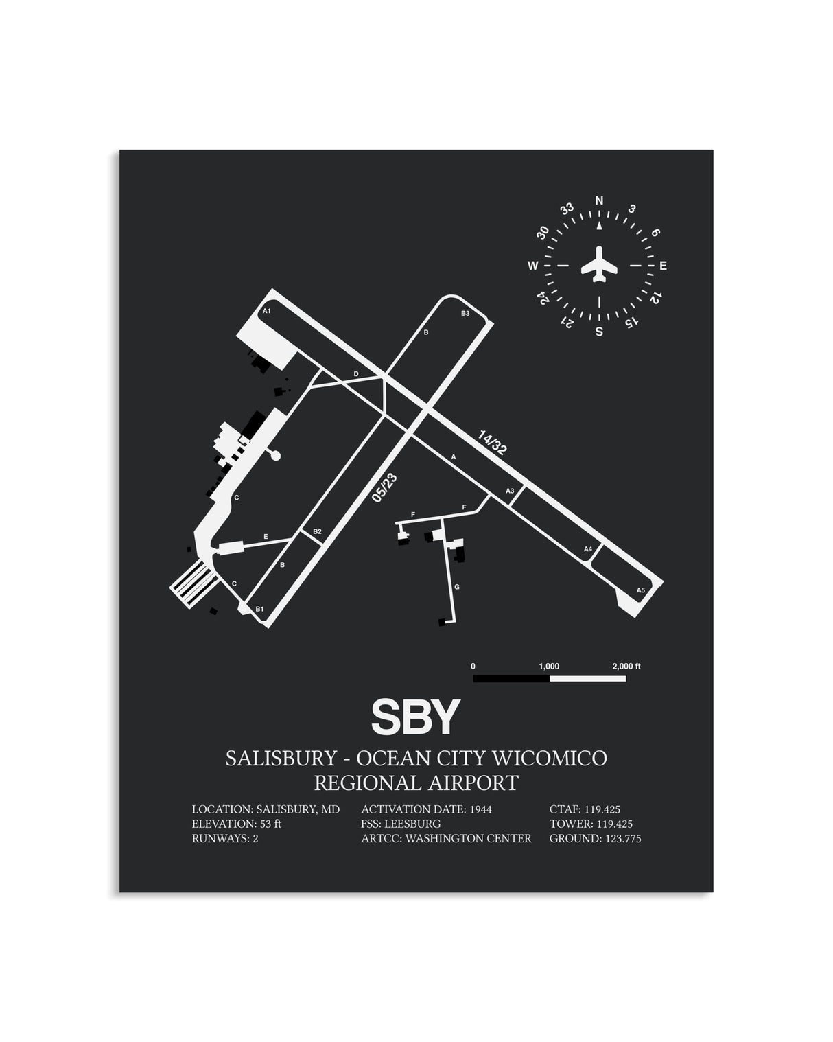 Gray Framed Salisbury-Ocean City Wicomico Regional Airport layout wall art poster