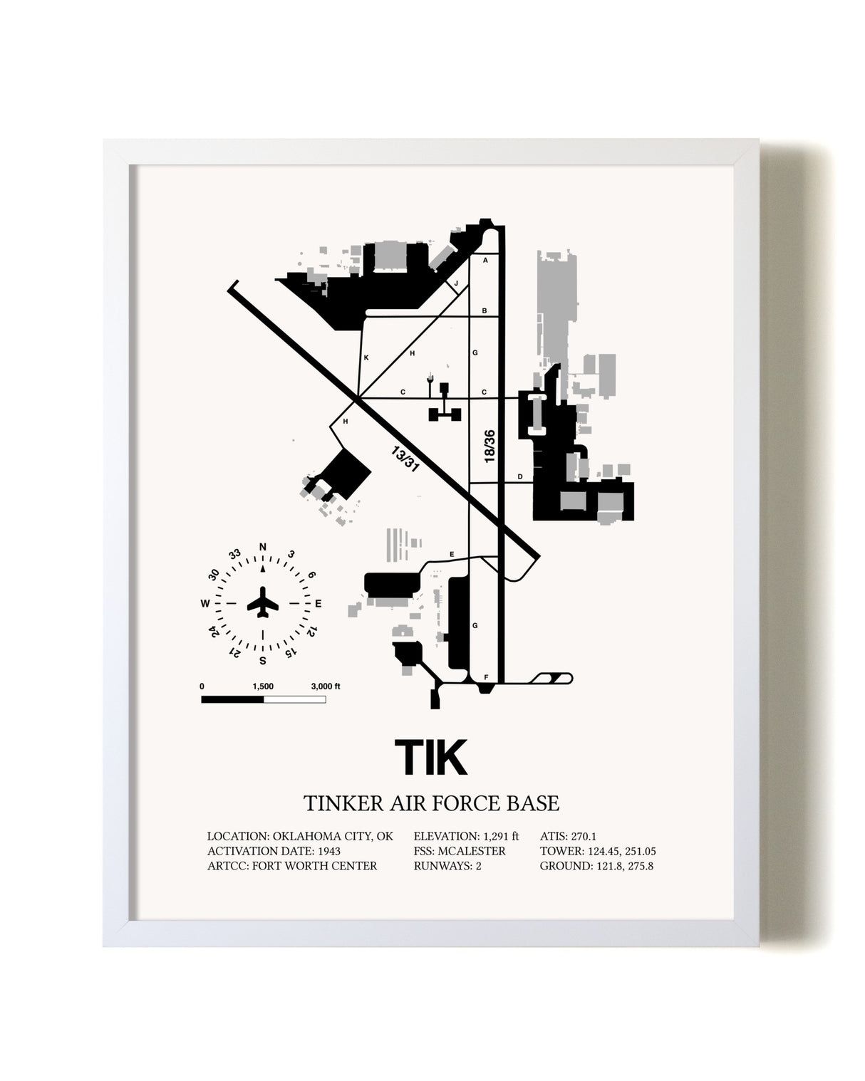 Tinker Air Force Base airport map poster in oak frame