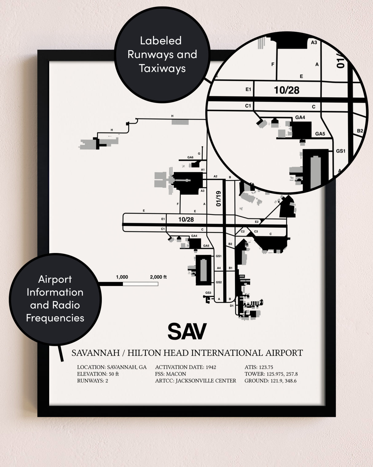 Framed Savannah / Hilton Head International Airport layout wall art poster