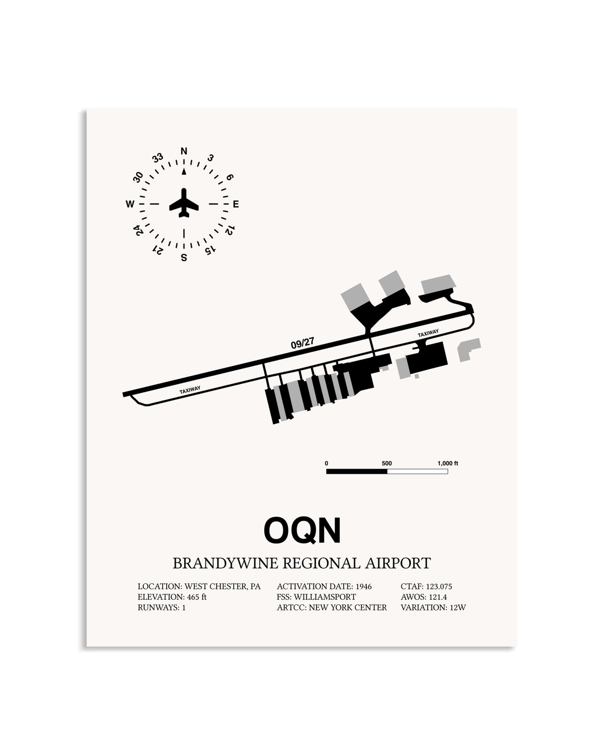 Gray Brandywine Regional Airport framed poster displayed in an airplane hangar