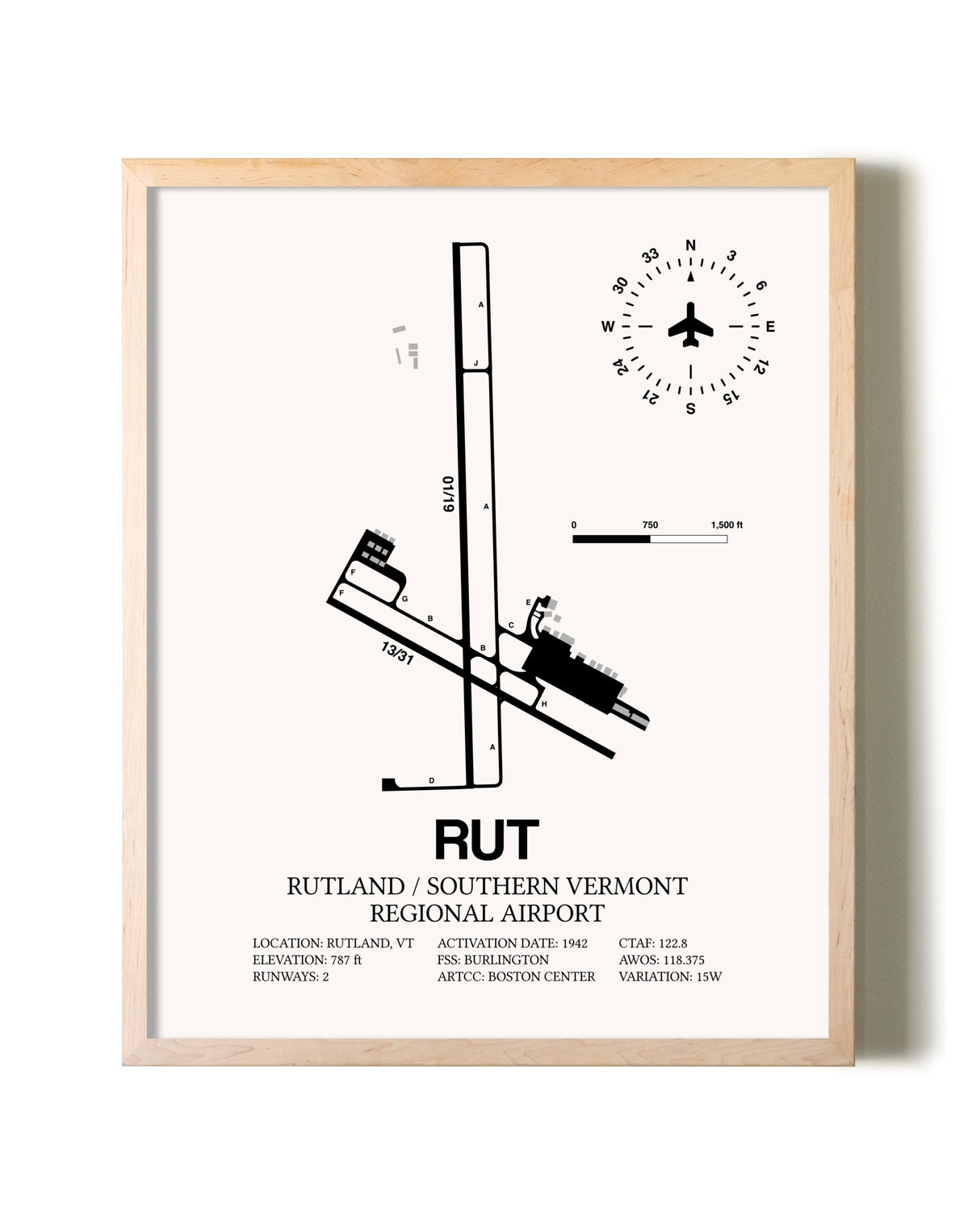 Rutland / Southern Vermont Regional Airport framed wall art in white frame
