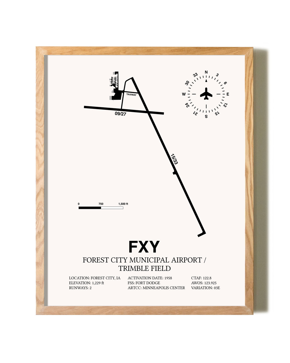 Forest City Municipal Airport / Trimble Field framed print in natural wood frame