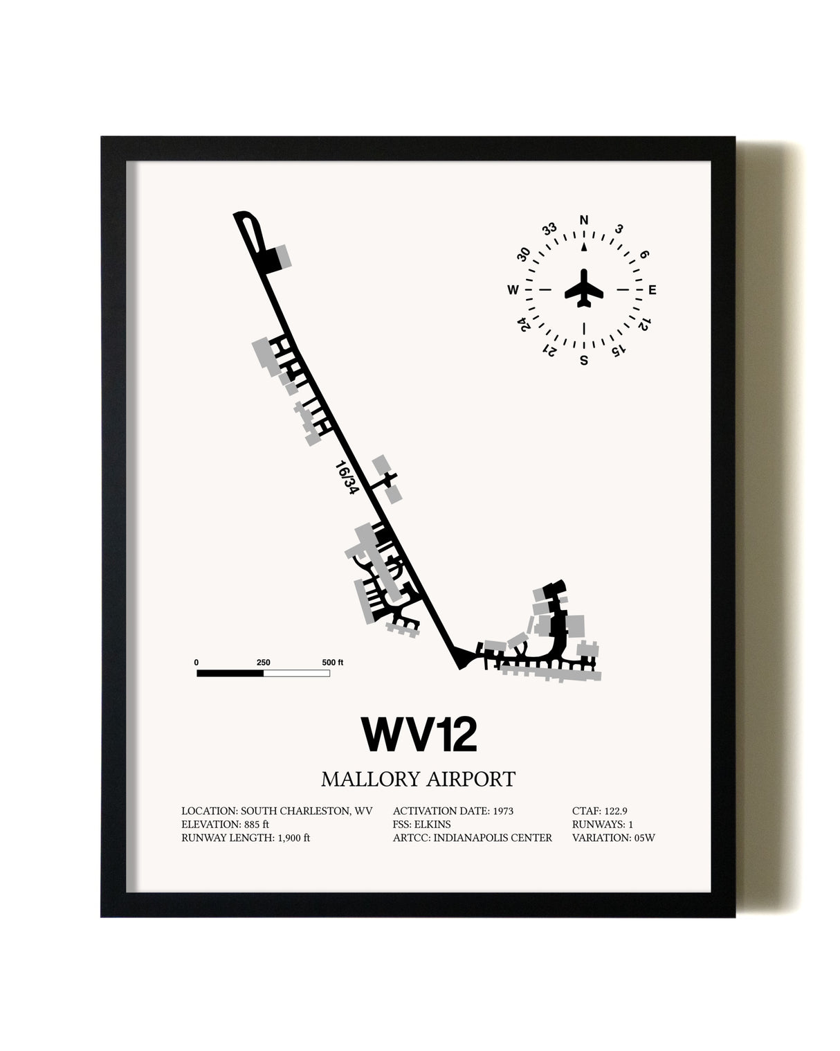 Framed Mallory Airport wall art poster in black frame