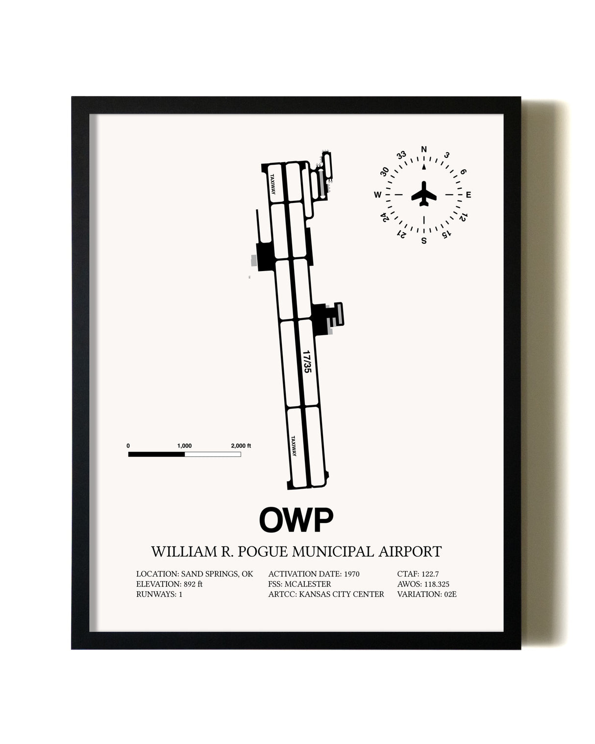 Framed William R. Pogue Municipal Airport wall art poster in black frame