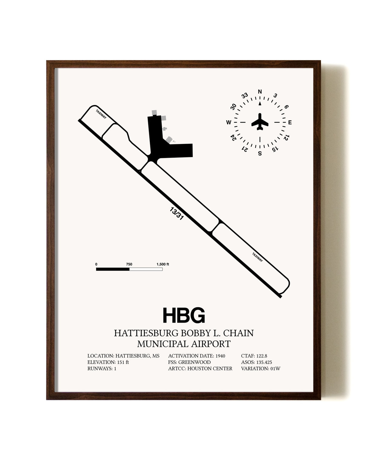 Hattiesburg Bobby L. Chain Municipal Airport aviation print in walnut frame