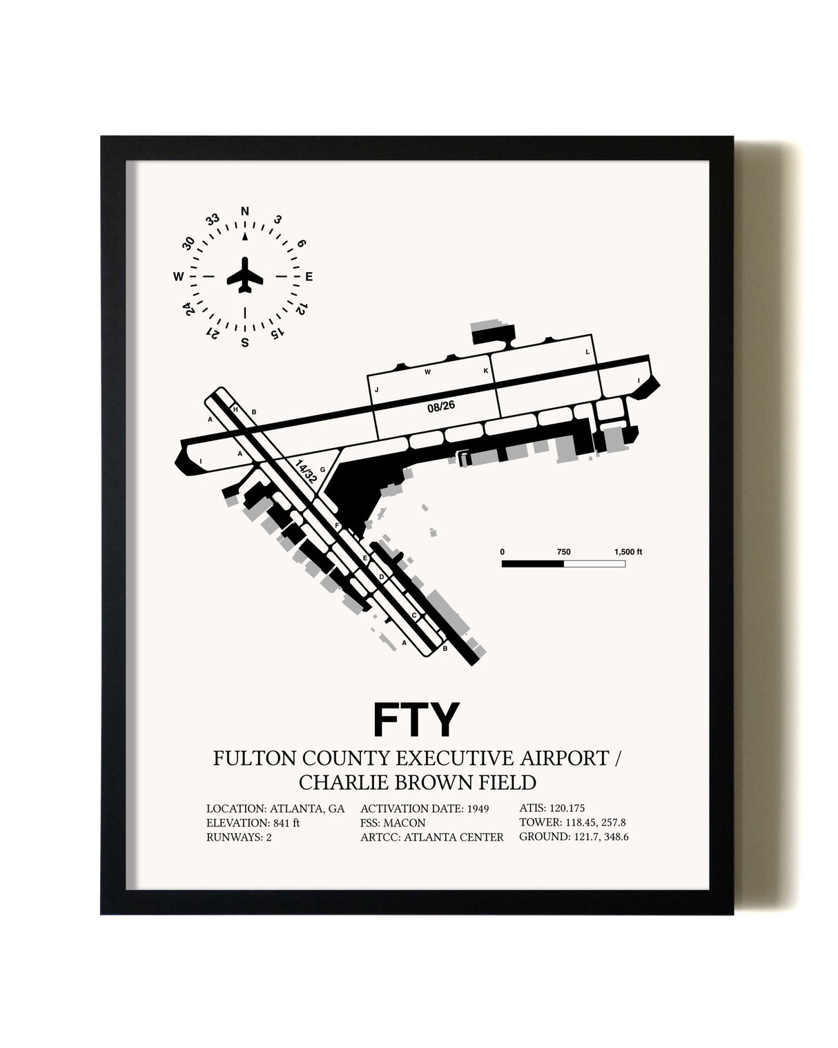 Framed Fulton County Executive Airport / Charlie Brown Field wall art poster in black frame