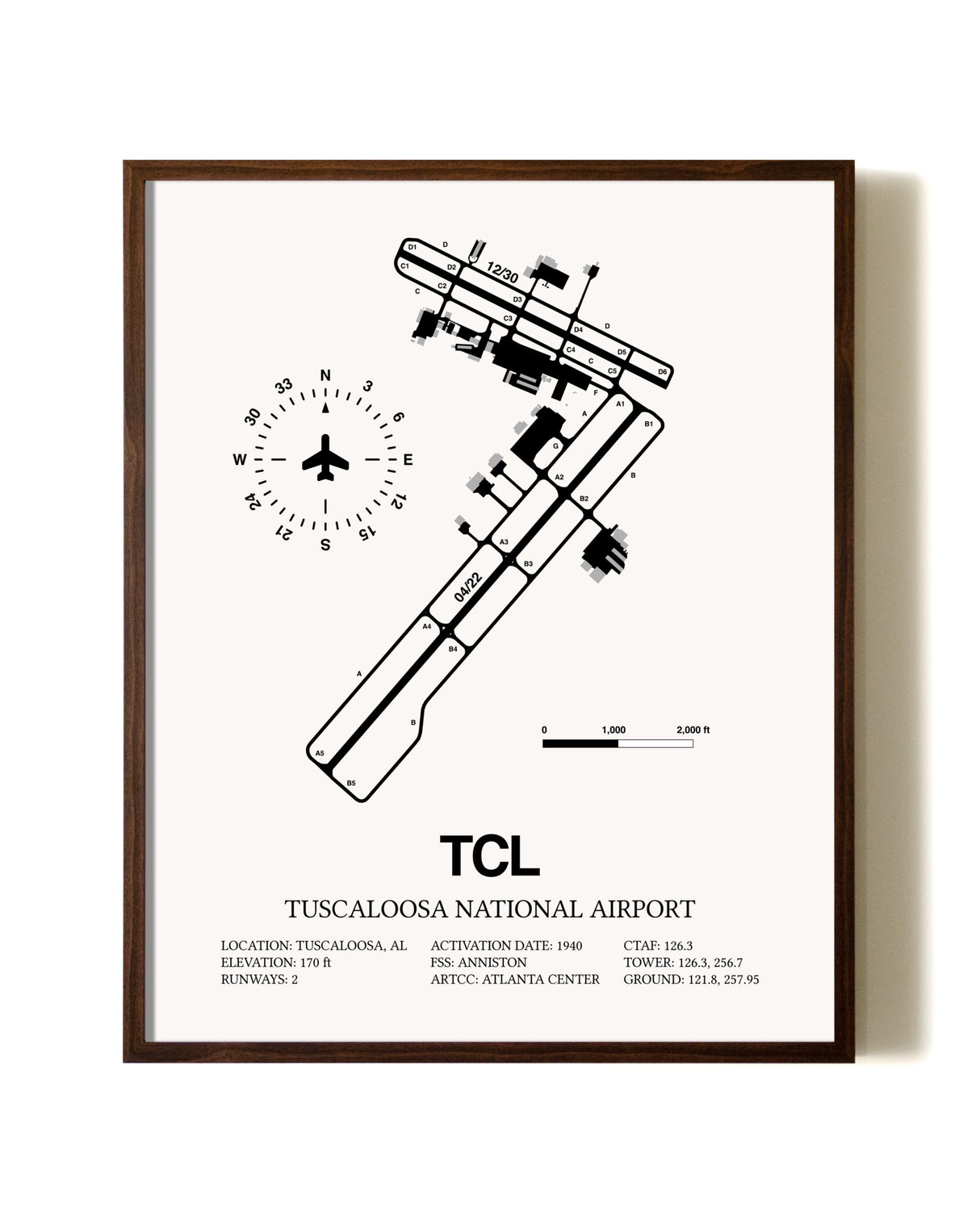 Tuscaloosa National Airport aviation print in walnut frame