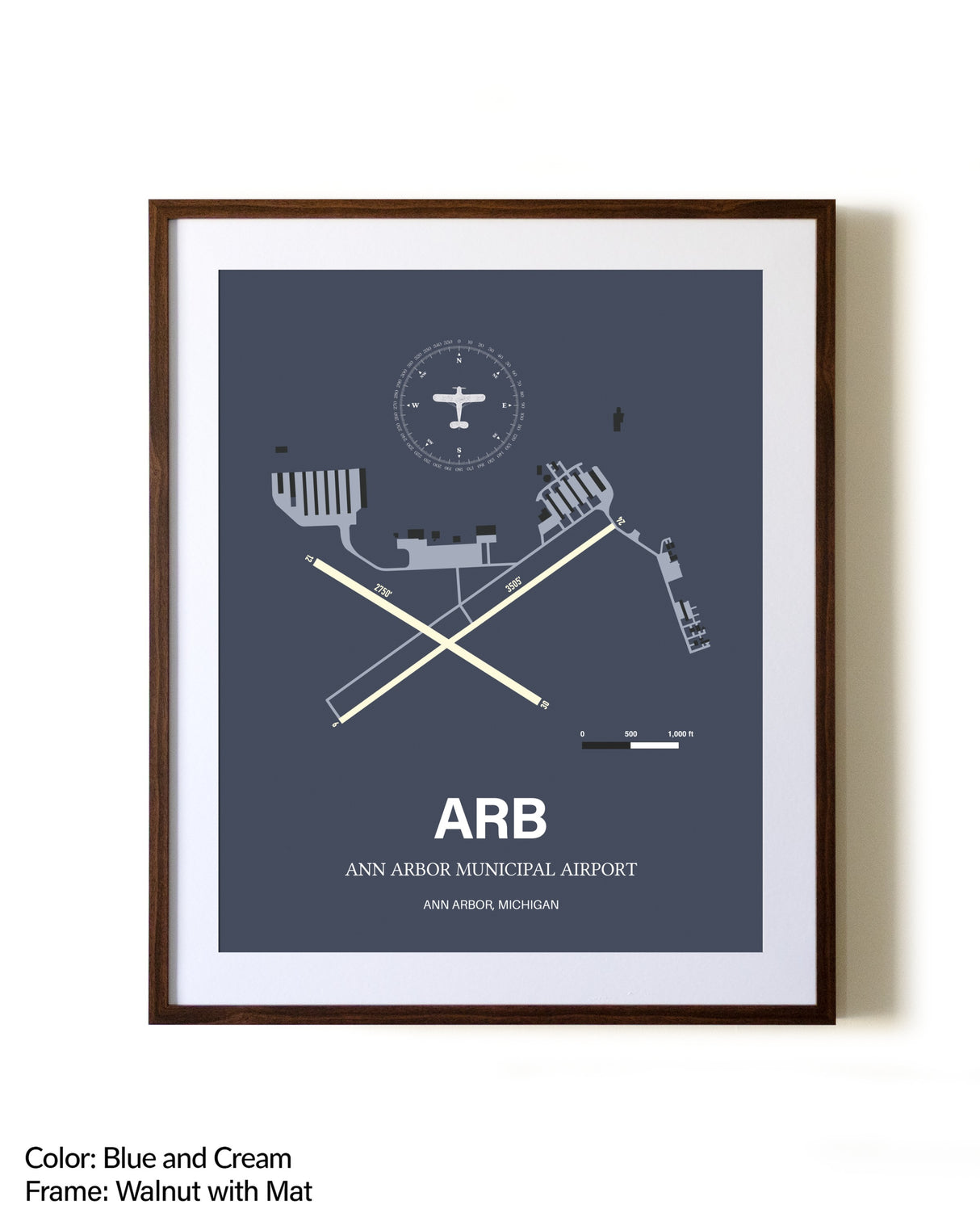 Ann Arbor Municipal Airport aviation print in walnut frame with mat